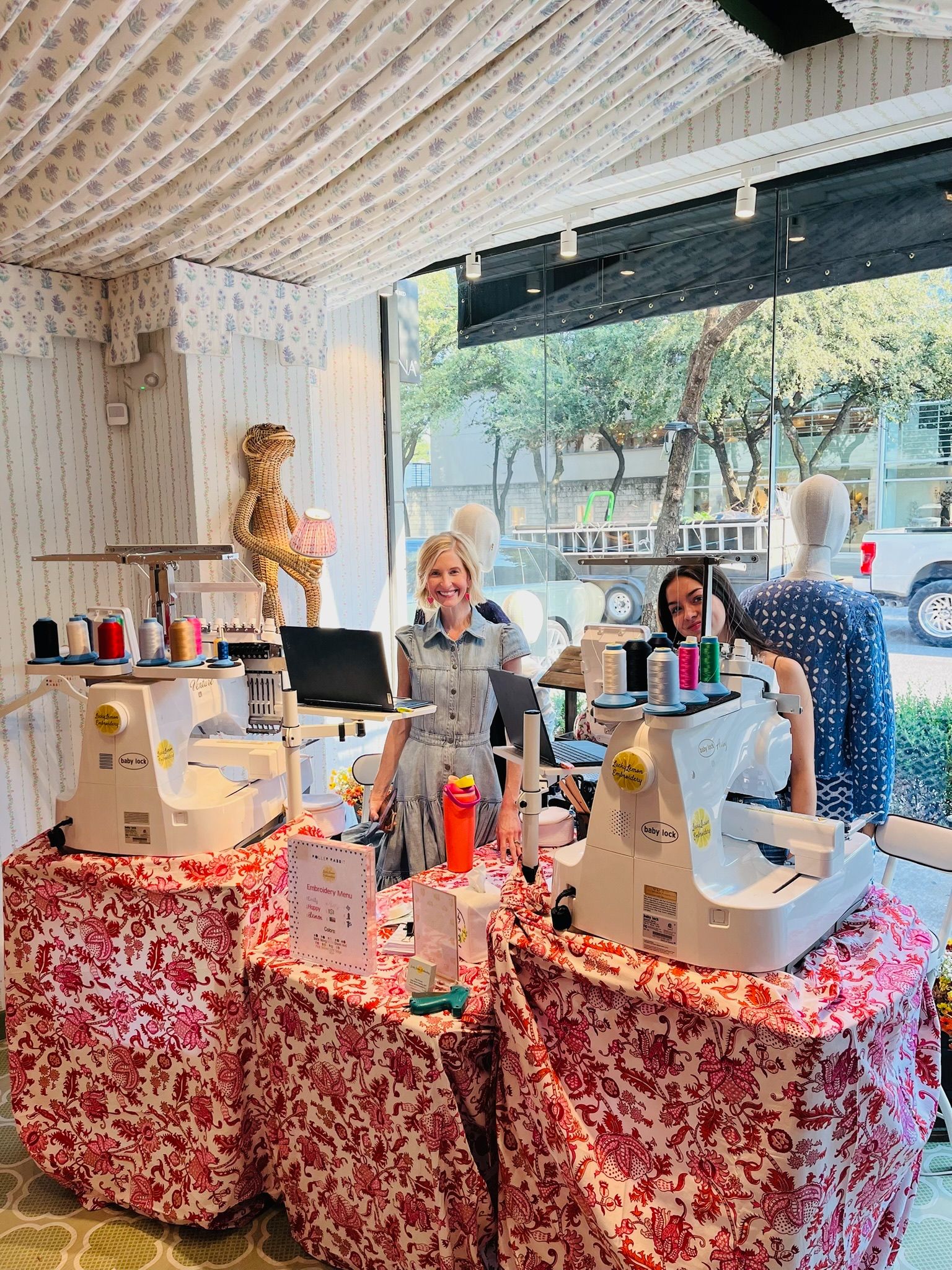 Emily and Bianca stitching live at Roller Rabbit